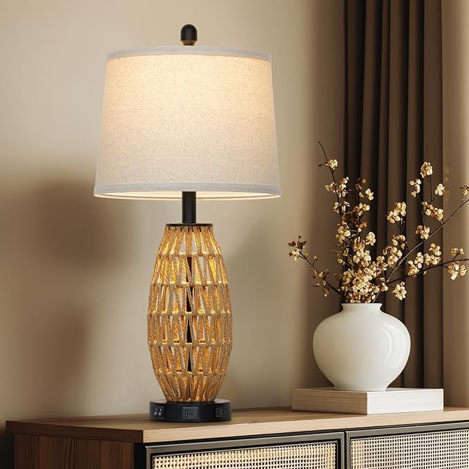 27" Boho Rattan Table Lamp with Night Light, Wicker Bedside Lamp with USB A+C Charging Port & AC Outlet, Woven Coastal Bedroom Lamps for Nightstand, Tall Farmhouse Lamps for Living Room Single - Bloomnest