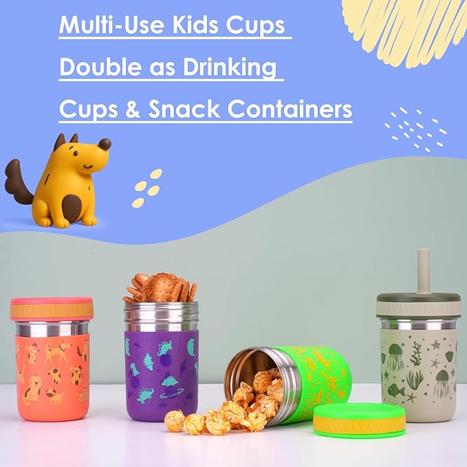 Sursip 10 oz Stainless Steel Kids Cups with Silicone Sleeves & Straws | Spill-Proof Sippy Cup for Drinks & Snacks, Smoothie Cups for Toddlers, BPA-Free, Dishwasher Safe - Bloomnest