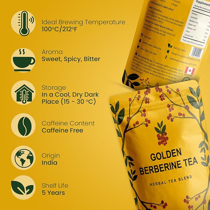 Berberine Tea 45g Natural Organic Caffeine-Free Blend Non-GMO Herbal in Plastic-Free Stand Alone Pouch Delicious Antioxidant for Immune Support - Bloomnest
