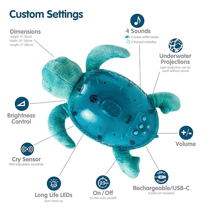 Cloud b Tranquil Turtle Aqua - White Noise Machine Baby, Baby Night Light & Portable White Noise Machine - Soothing Ocean Waves & Underwater Melodies, Cry Sensor, Rechargeable, Eco-Friendly - Bloomnest