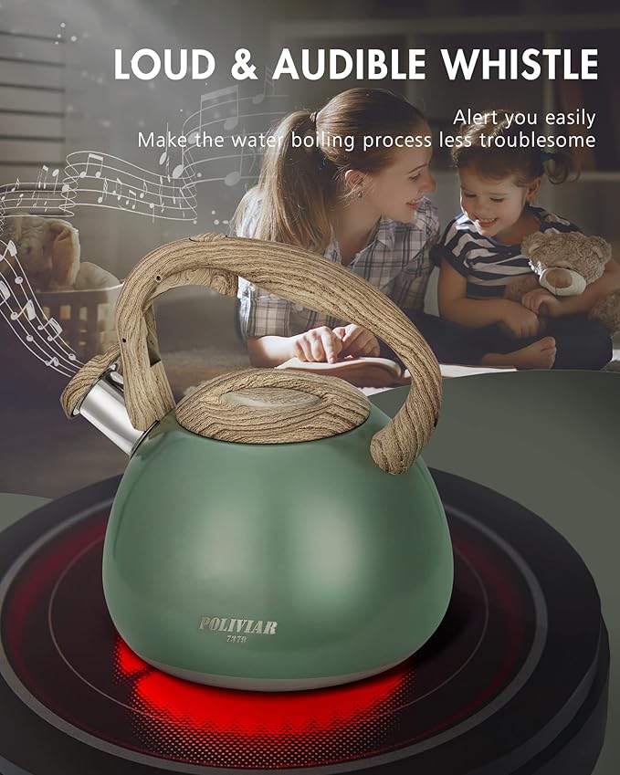 Poliviar Tea Kettle, 2.7 Quart Seaweed Green Finish with Wood Pattern Handle Loud Whistle Food Grade Stainless Steel Teapot, Anti-Hot Handle and Anti-Rust, Suitable for All Heat Sources (JX2020-SB30) - Bloomnest