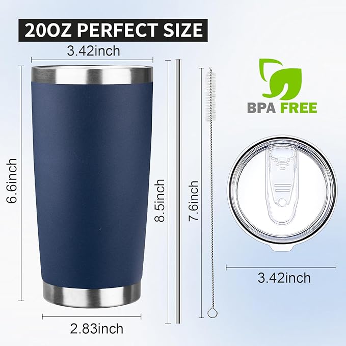 20oz Tumbler with Lid and Straw Double Wall Powder Coated Vacuum Insulated Coffee Tumbler Stainless Steel Insulated Travel Coffee Mug Spill-Proof Thermal Cup for Hot and Cold Beverage,Navy Blue - Bloomnest