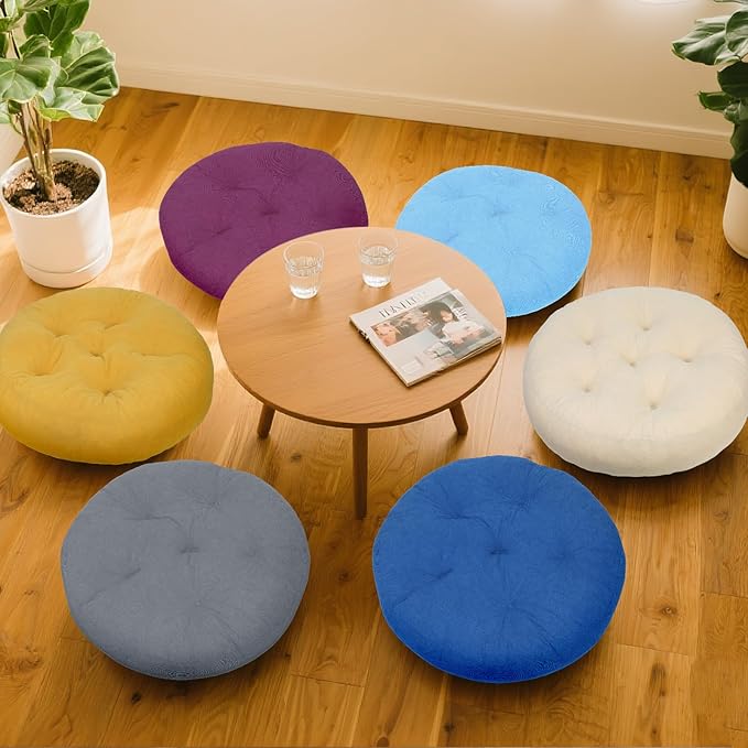Meditation Floor Pillow Set of 2, Round Large Pillows Seating for Adults, Tufted Corduroy Cushion for Tatami Living Room, 22x22 Inch FP-Lblue-R
