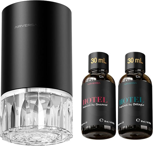 Airversa Waterless Essential Oil Diffuser Starter Kit with 2x30mL Hotel Scent Fragrance Oil for Home Room Desk Car, Battery Operated Scent Air Freshener Diffuser, 100mL Capacity, RD1 Kit Black - Bloomnest