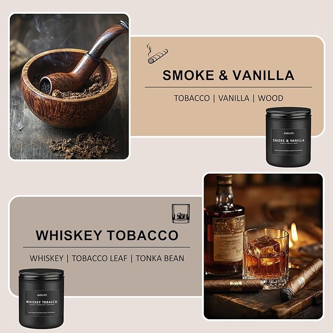 2 Pack Candle | Smoke & Vanilla + Whiskey Tobacco - Candles for Men - Masculine Candle, Soy Candles for Home Scented - Gifts for Men, Home Fragrance Manly Gifts - Each of 7oz - Bloomnest