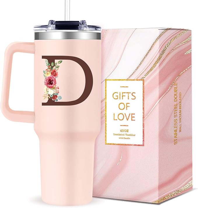 Monogrammed 40oz Tumbler with Handle for Women, Personalized Birthday Gifts for Women,Initial Cups for Woman Floral Letter D,Customized Gifts for Female Lady Gift for Mothers Day Christmas - Bloomnest