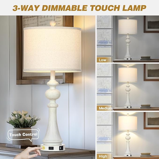 28" Farmhouse Table Lamp with USB A+C Fast Ports & AC Outlets, Vintage Rustic 3-Way Dimmable Touch Control Table Lamp, Rustic Traditional Bedside Nightstand Lamp for Living Room Bedroom White - Bloomnest