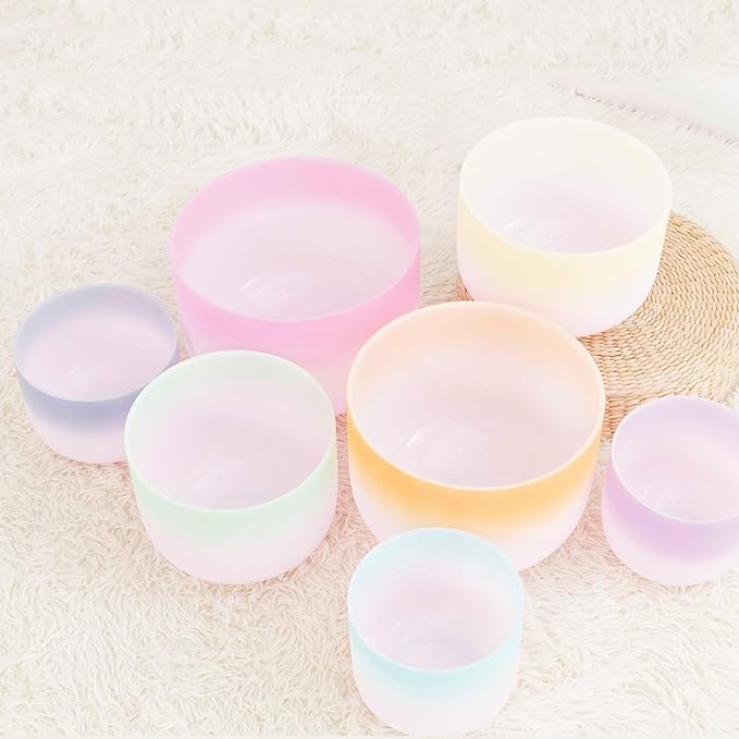 Hye-eun 432 hz Crystal Singing Bowl 7-12 Inch Set of 7 PCS Rainbow Gradient Frosted Quartz Crystal Chakra Singing Bowls with Carry Case Bag for Sound Healing and Therapy Meditation - Bloomnest