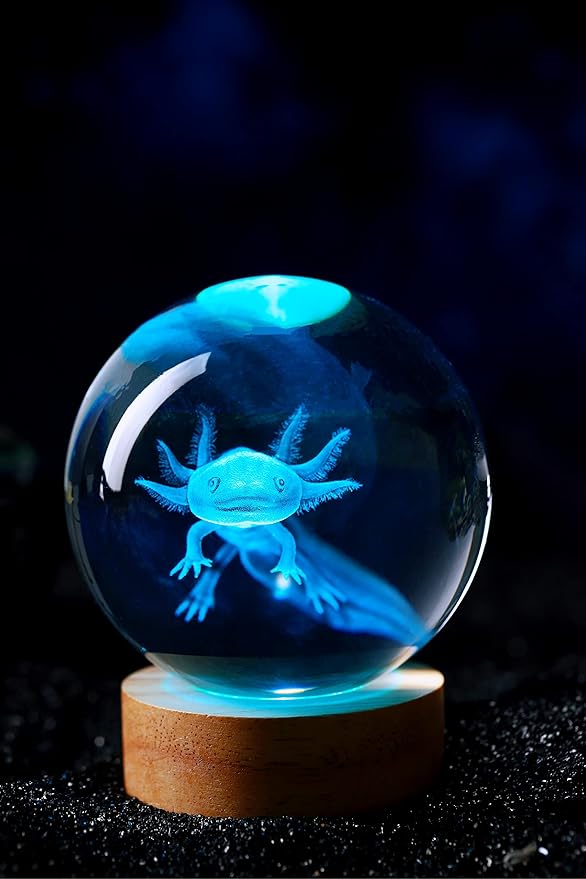 3.15 inch Axolotl Crystal Ball Lamp,3D K9 Crystal Ball Night Light with Wooden Base,16 Colors Change with Remote Control,Clear Glass Light,Birthday Gift for Friends (Axolotl) - Bloomnest