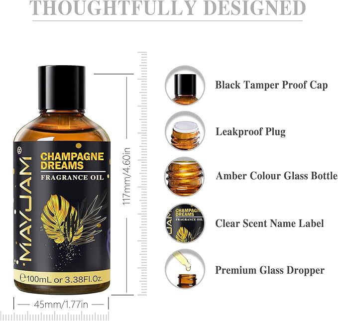 Champagne Dreams Fragrance Oil Essential Oil, MAYJAM 3.38FL.OZ Champagne Dreams Oil for Diffusers for Home, Long Lasting Scented Oils for Soap Candle Making - 100ML MAYJAM