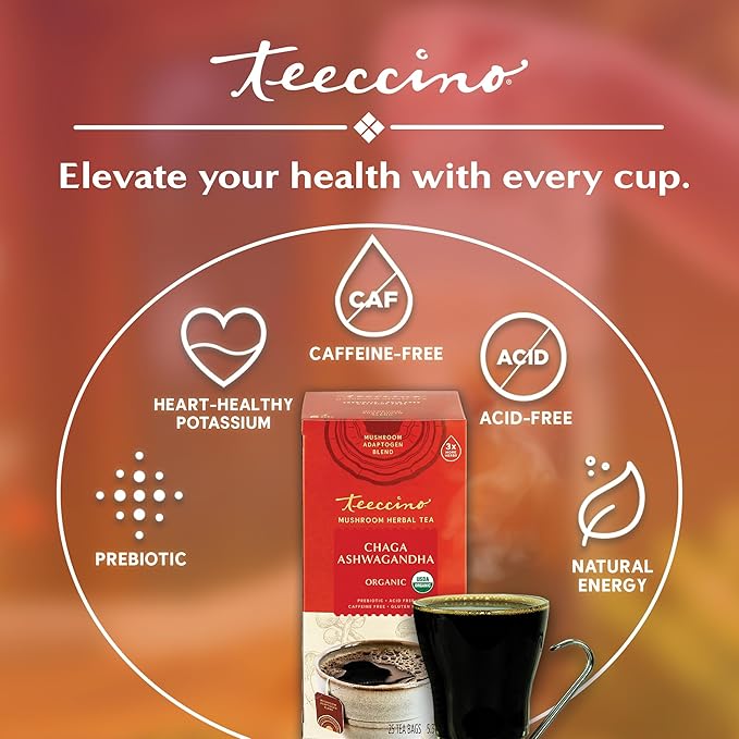 Teeccino Chaga Ashwagandha Tea - Butterscotch Cream - 25 Tea Bags - Organic Mushroom Adaptogenic Herbal Tea, 3x More Herbs than Regular Tea Bags, Prebiotic, Caffeine Free, Gluten Free - Bloomnest