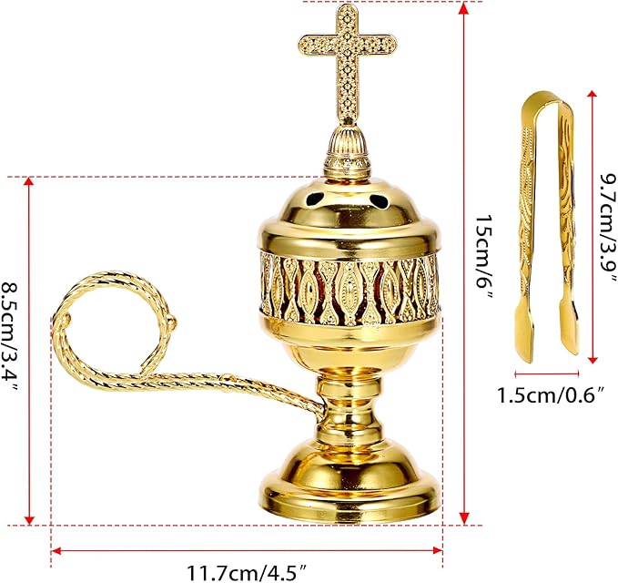 JUXYES Vintage Incense Burner Holder with Ash Catchers and Cross Lid, Metal Censer Antique Charcoal Incense Resin Burner with Tongs, Zinc Alloy Spiritual Aromatherapy Yoga Meditation Retro Home Decor - Bloomnest