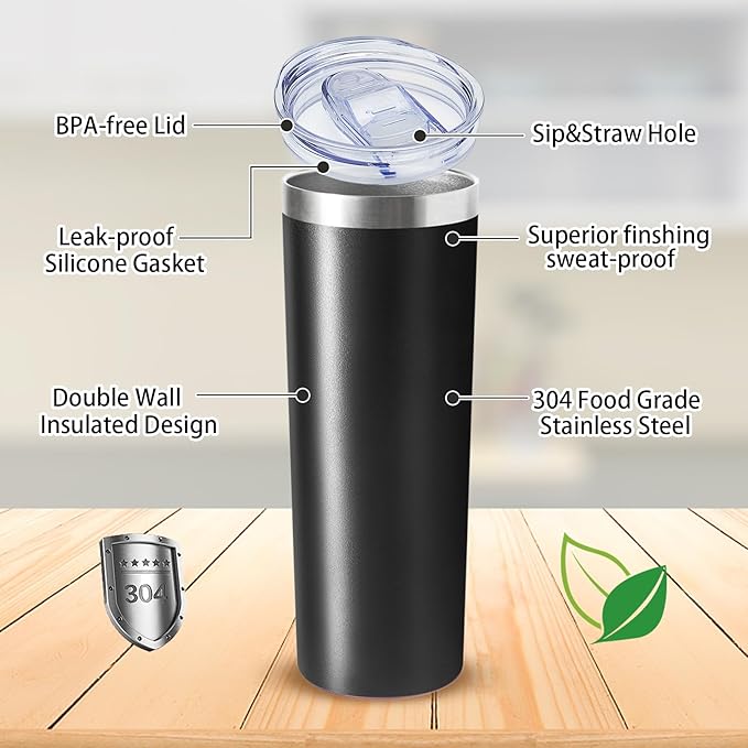 20 oz Skinny Tumblers with Lid and Straw,Stainless Steel Vacuum Insulated Tumbler Cup Double Wall Travel Coffee Mug, Thermal Water Tumbler for Hot and Cold Drinks(Black,4) - Bloomnest