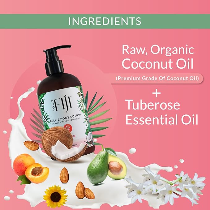 Coco Fiji Face & Body Lotion Infused With Coconut Oil | Lotion for Dry Skin | Moisturizer Face Cream & Massage Lotion for Women & Men | Tuberose 12 oz, Pack of 1 - Bloomnest