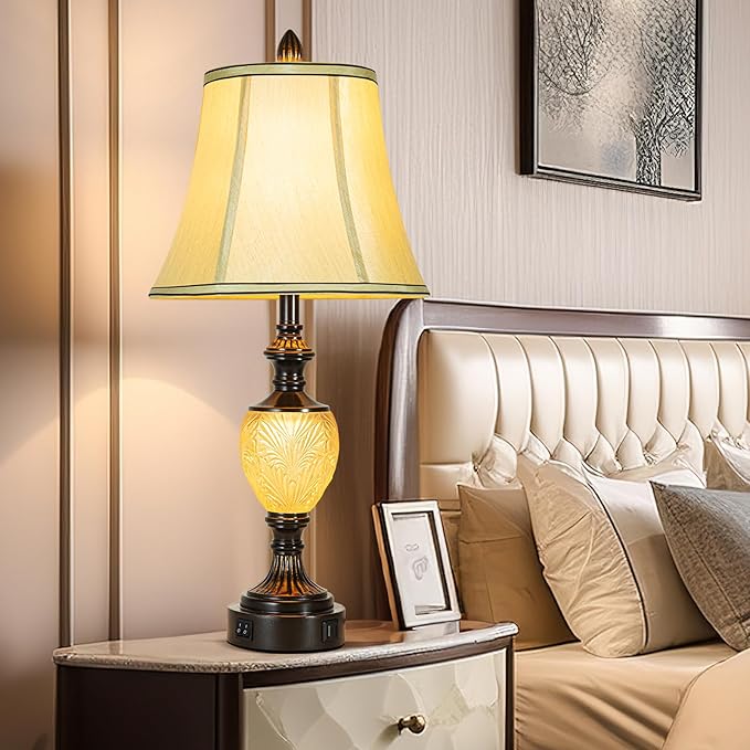 27'' High Vintage Table Lamp Set of 2 for Living Room Farmhouse Bedside Lamp with Fabric Shades Boho Nightstand Lamp with USB and Nightlight for Bedroom Home Office Hotel Bar (Bulb Included) - Bloomnest