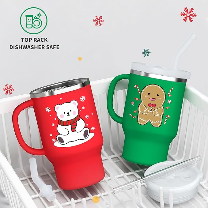Bella's Friends Christmas Mini Tumbler- 9 0z Toddler Sippy Cup, Flexible Straw, Stainless Interior & Silicone Body, Christmas Gift for 1-3 Years Old Girls & Boys, Gingerbread Man & Polar Bear (2 Pack) - Bloomnest