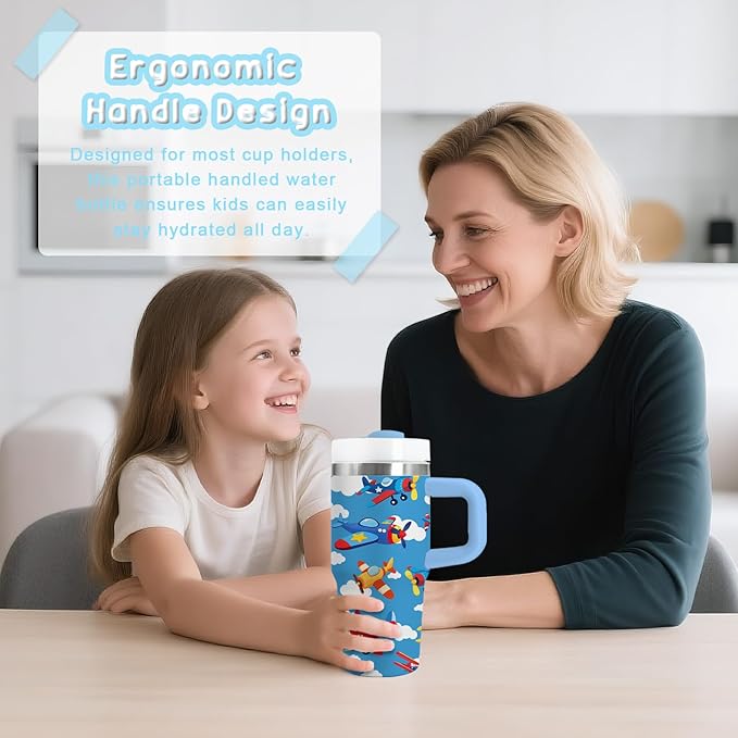 Airplane Gifts for Boys - 14oz Blue Kids Helicopter Airplane Tumbler with Handle and Straw, Stainless Steel Insulated Water Cup, for Sport, School - Airplane Themed Children Birthday Gifts Cup(1pc) - Bloomnest