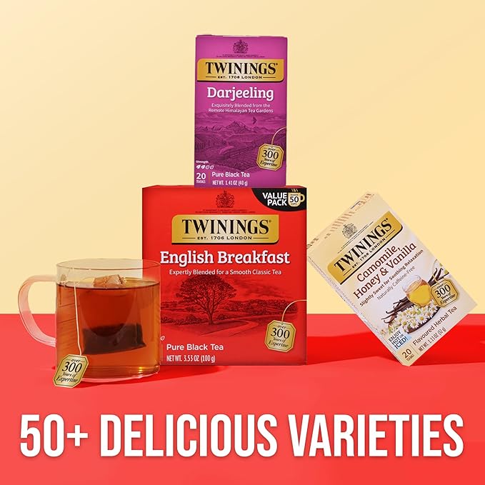 Twinings Darjeeling Black Tea Individually Wrapped Bags, 20 Count (Pack of 1), Delicate Light Taste, Caffeinated, Enjoy Hot or Iced, 20 Teabags - Bloomnest