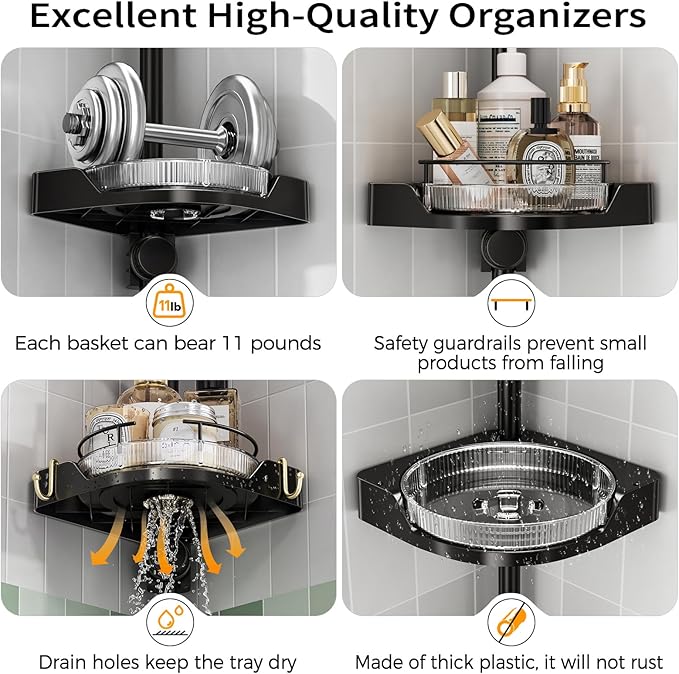 360° Rotating Corner Shower Caddy Tension Pole Organizer - 4-Tier Adjustable Rustproof Metal Pole, Plastic Shelves with Safety Guardrail, Bathroom Storage for Shower & Bathtub(Black) - Bloomnest