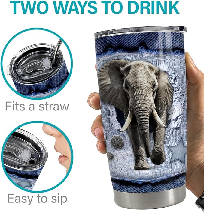 SANDJEST Elephant Tumbler 20oz Stainless Steel Insulated Tumblers Coffee Travel Mug Cup Jeans Drawing Style Elephants Gifts for Women Men Gift for Birthday Christmas - Bloomnest