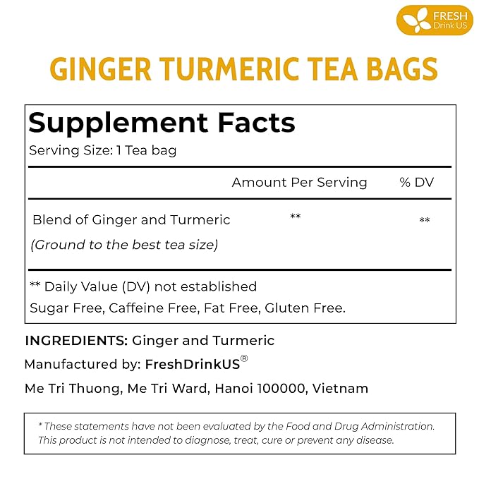 FreshDrinkUS, Premium 135 Turmeric Ginger Tea Bags, 100% Natural Ingredients, Hand-made Blend of Turmeric and Ginger Herbal Tea, Eco-conscious Tea Bags. No Sugar, No Caffeine, No Gluten, Vegan. - Bloomnest