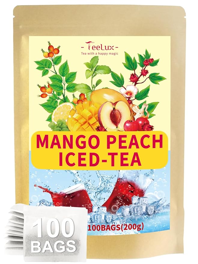 TeeLux Mango Peach Iced Tea, Rosehips Tea with Hibiscus & Chamomile & Lemon Balm, Refreshing Tart & Sweet Taste, Caffeine Free, 100 Count - Bloomnest