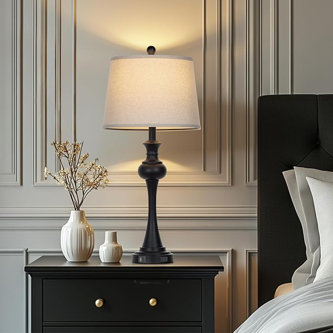 28.75'' Modern Black Metal Table Lamps Living Room Lamp for Nightstand Bedside End Lamp Home Decor Touch Lamp Modern Lamps with USB A+C Ports & Outlets （Bulb Included） - Bloomnest