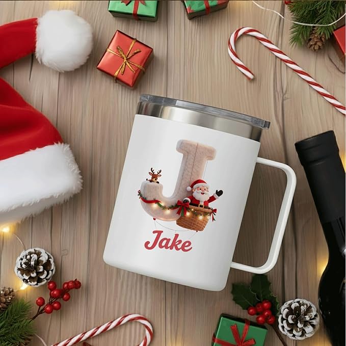 Personalized Christmas Mug | Custom Santa & Reindeer Flight Initial Insulated Coffee Cup with Handle & Lid | 12oz Holiday Tumbler, Cute Stocking Stuffer Gift (B15) - Bloomnest