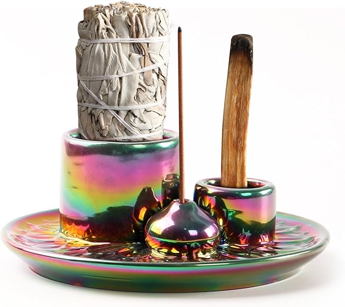 4 in 1 Ceramic Incense Holder, Palo Santo Stick Holder, Sage Holder for Burning, 5.2" Ash Catcher Tray for Meditation, Yoga & Home Decor (Colorful)