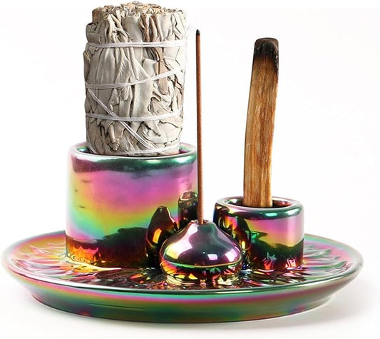 4 in 1 Ceramic Incense Holder, Palo Santo Stick Holder, Sage Holder for Burning, 5.2" Ash Catcher Tray for Meditation, Yoga & Home Decor (Colorful)