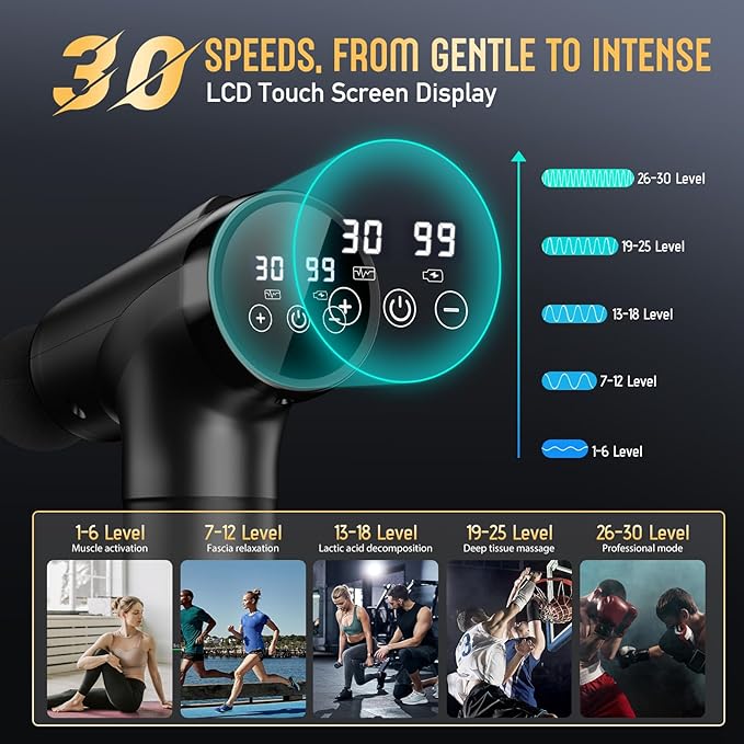 Massage Gun Deep Tissue, Handheld Electric Muscle Massager, High Intensity Percussion Massage Device for Pain Relief with 9 Attachments & 30 Speed(Black) - Bloomnest