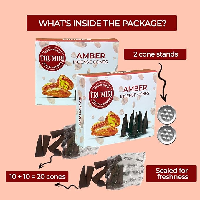 TRUMIRI Amber Incense - 20 Cone Pack (2 x 10) - Scented Cone Incense