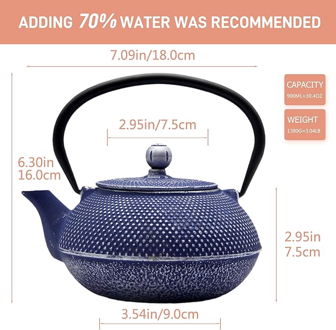 Cast Iron Teapot Tea Kettle with Stainless Steel Infuser for Stovetop Safe Coated with Enameled Interior Japanese Dark Blue Tetsubin for Loose Tea(30.4oz/900ml) - Bloomnest