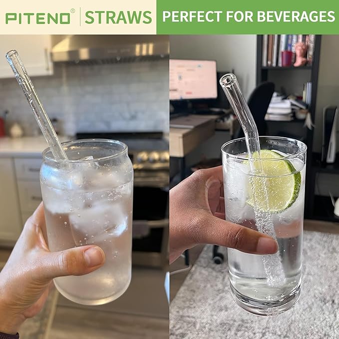 Piteno® 16-Pack Reusable Glass Straws Set, Clear Glass Drinking Straws, 8.5''x10MM, Set of 6 Straight and 6 Bent with 4 Cleaning Brushes, Perfect for Smoothies, Milkshakes, Juice, Tea Piteno