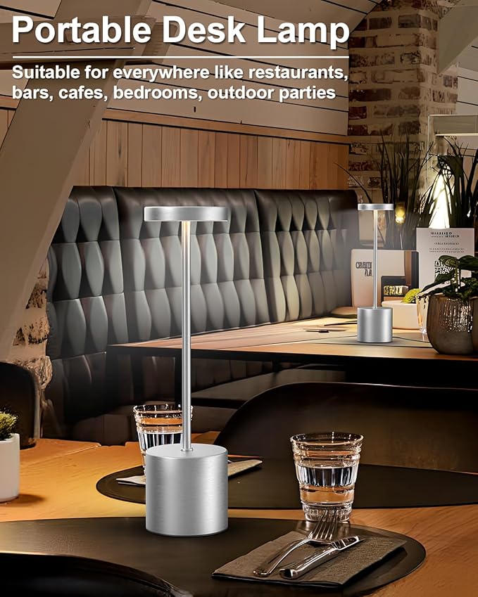 Cordless Table Lamp Set of 2, Rechargeable 5000mAh Battery Powered Outdoor Table Lamps(Silver) - Bloomnest