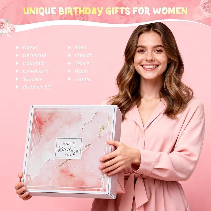 Birthday Gifts for Women, 13PCS Unique Happy Birthday Gifts Basket for Mom Her Best Friend Sister Wife Girlfriend Coworker Bestie, Luxury Self Care Box Relaxing Spa Gifts Set (Rose) - Bloomnest