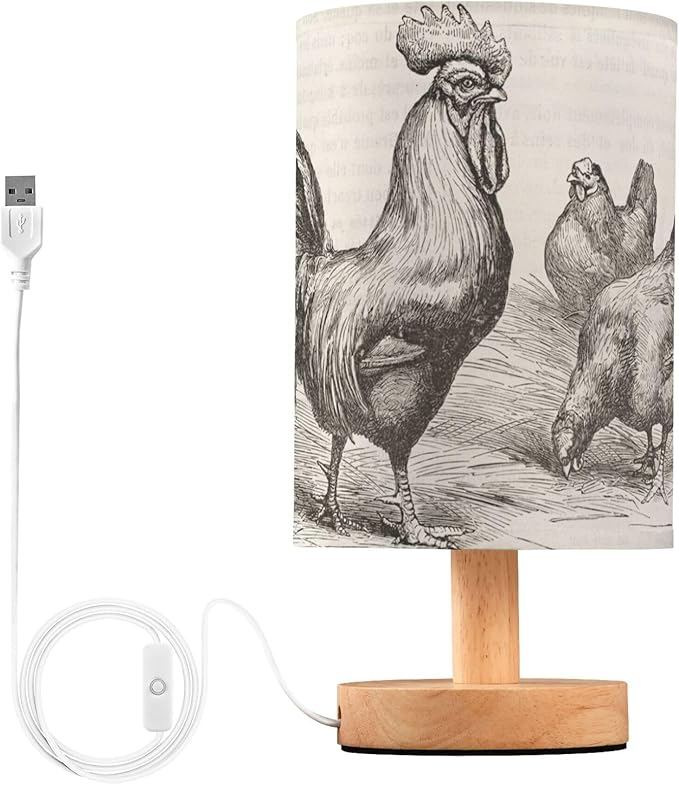 Table Lamp Retro Vintage Rooster Chicken Nightstand Lamp with Wood Base Fabric Lamp Shade Bedside Desk Lamp for Living Room Bedroom Kids Room Office - Bloomnest