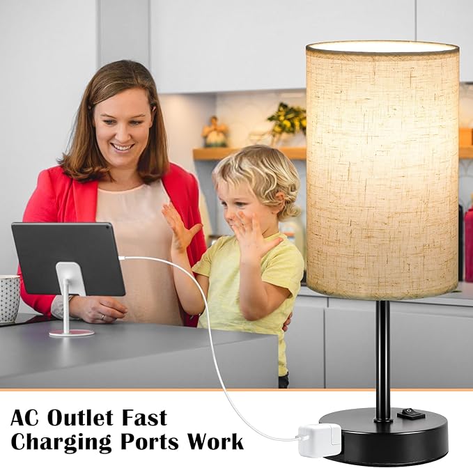 ZJOJO Table Lamp for Bedroom Set of 2, Bedside Small Lamps with 3 Way Dimmable Rocker Switch and AC Outlet, Nightstand Desk Lamp with Flaxen Fabric Shade Black Base for Living Room Home Decor Lights - Bloomnest
