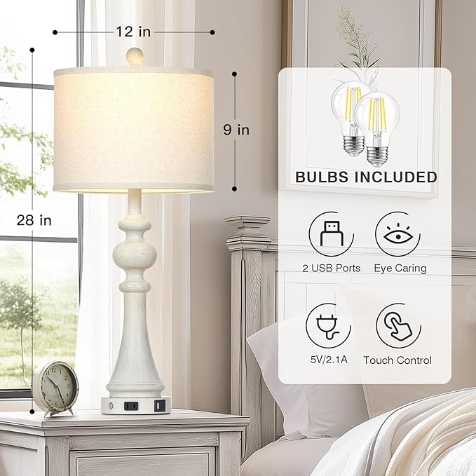 28" Farmhouse Table Lamps Set of 2, Vintage Bedside Lamps with USB A+C Charging Ports & AC Outlet, 3-Way Dimmable Touch Control Nightstand Lamp for Living Room Bedroom Wash White(2 LED Bulbs Included) - Bloomnest