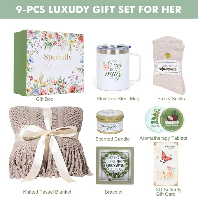 Valentines Day Gifts for Her - Spa Gift Box with Candle, Cozy Blanket, Tumbler & Bracelet - Romantic Self Care Package for Wife, Girlfriend - Birthday, Thinking of You