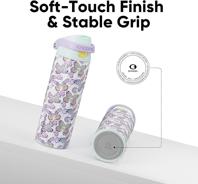 ENCOOL Leakproof Insulated Water Bottle with Straw Dual-Sip Water Bottle Bag-Safe Design for Work, Commute & Gym – Keeps Drinks Cold All Day, 24 oz, Mosaic Butterfly ENCOOL