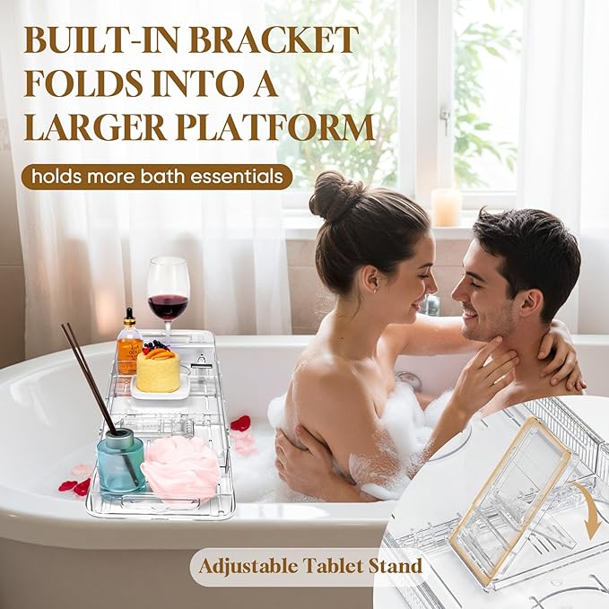 Expandable Clear Acrylic Bathtub Tray Caddy, Foldable Tub Bath Tray with Drain Slots, Slip-Resistant Waterproof Bathroom Shelf Caddy & Home Spa Gift for Women - Bloomnest