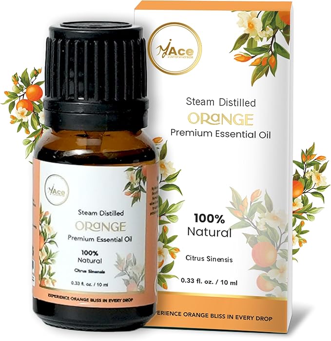 MyAce Orange Essential Oil – 100% Pure & Natural Cold-Pressed Sweet Orange Oil – 0.33 fl oz Amber Glass Bottle with Dropper – Aromatherapy, Diffuser, Candle & Soap Making, Skin & Hair Care MyAce