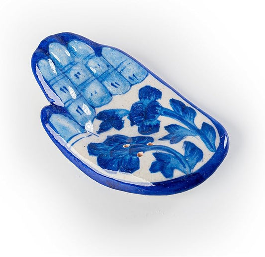 Blue Pottery Agarbatti Stand Ceramic Humsa Hand Handicrafted HandShape Design Incense Holder Decorative Accessory for Home Office and Gifting (White and Blue Design-1) - Bloomnest