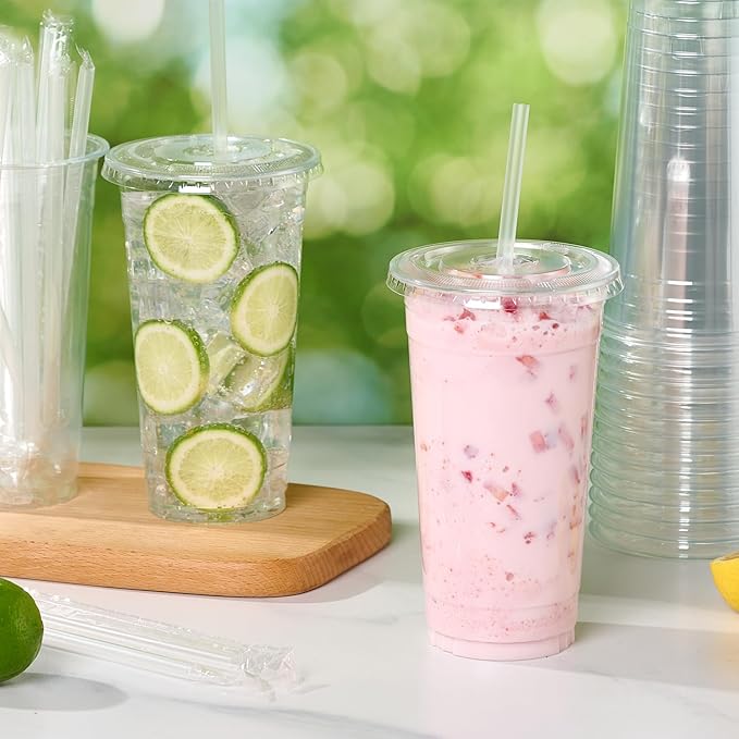 Turbo Bee 50 Sets 32 OZ Clear Plastic Cups with Lids and Straws, Disposable To Go Iced coffee cups with lids for Cold Drinks, Smoothie, and Slushie - Bloomnest