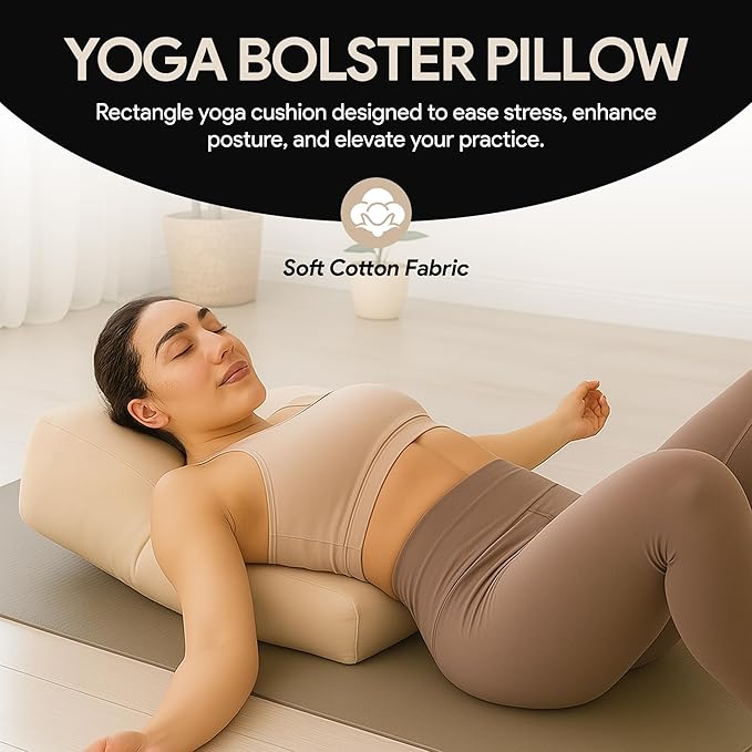 Rectangular Yoga Bolster Pillow for Meditation, Yoga & Back Support – Soft Meditation Cushion with Removable Hand Wash Cotton Cover & Carry Handle (beige) - Bloomnest