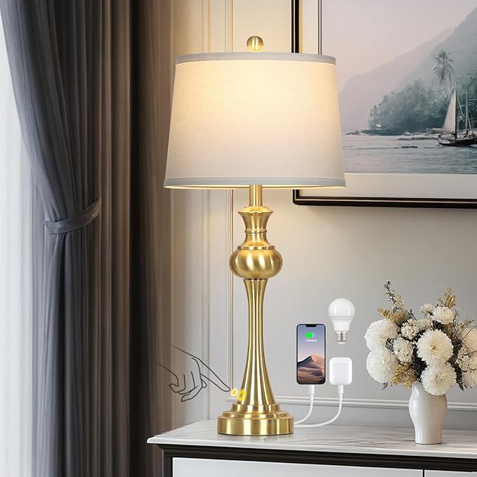 28.75" Gold Table Lamps Modern 3-Way Touch Control Dimmable Bedside Lamp with USB A+C Ports & AC Outlets for Living Room Bedroom Nightstand Lamp (Bulb Included) - Bloomnest