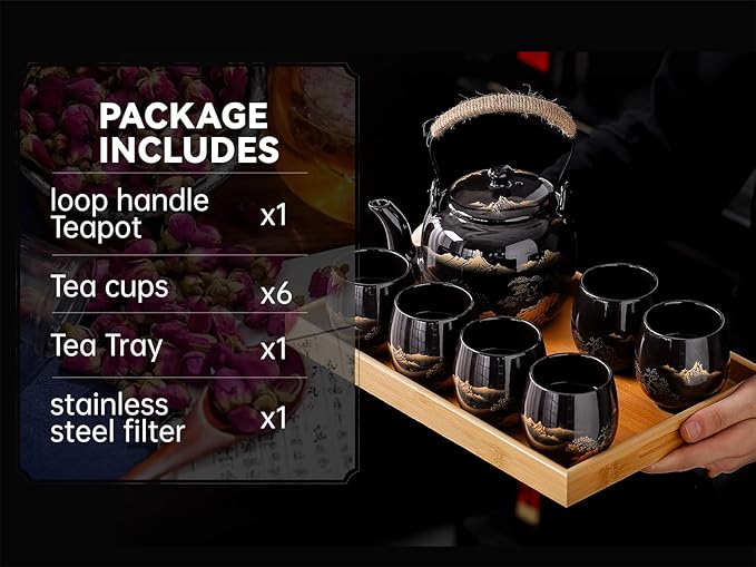 Traditional Japanese tea set, Japanese teapot set, Asian Black glazed tea set with 1 Teapot, 6 Tea cups, 1 Tea strainer, 1 Tea tray (Landscape Black) - Bloomnest