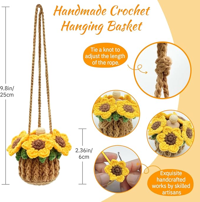 Crochet Car Air Freshener, 15ml Empty Refillable Oil Diffuser Bottle with Hanging Crochet Sunflower for Car Rearview Mirror Decor Air Freshener Diffuser for Home, and Office Decor(Sunflower) - Bloomnest