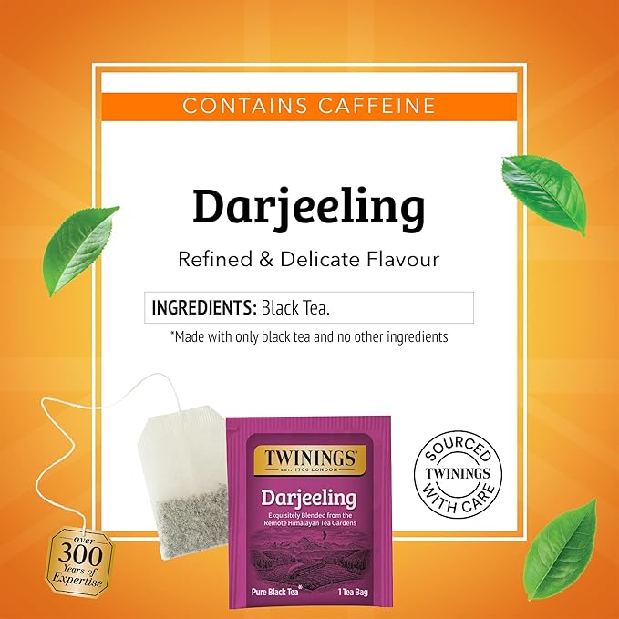 Twinings Darjeeling Black Tea Individually Wrapped Bags, 20 Count (Pack of 1), Delicate Light Taste, Caffeinated, Enjoy Hot or Iced, 20 Teabags - Bloomnest